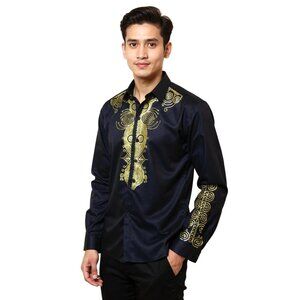 Traditional Black & Gold Batik Design Mens Shirt With Intricate Swirl Patterns O